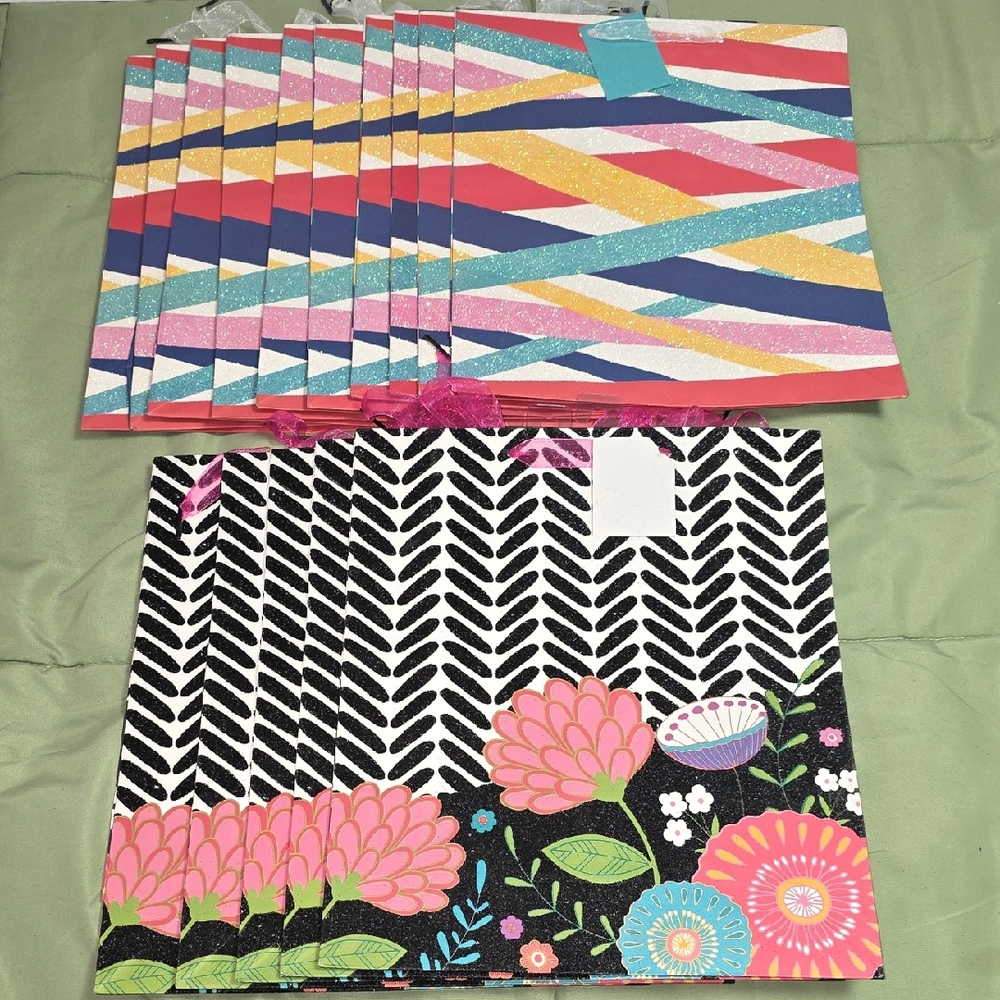 Colorful Floral & Stripe Gift Bags - Set of 15 Patterned Bags